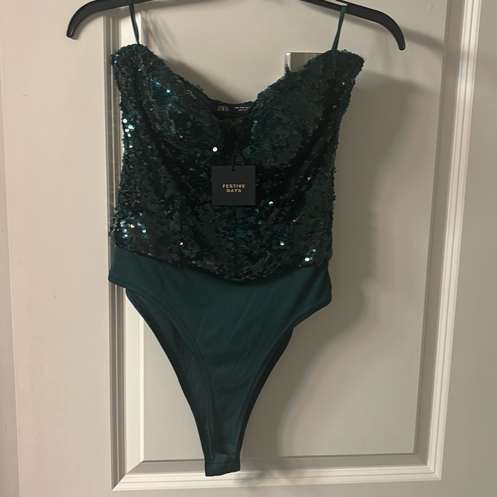 Zara green sequin halter body suit